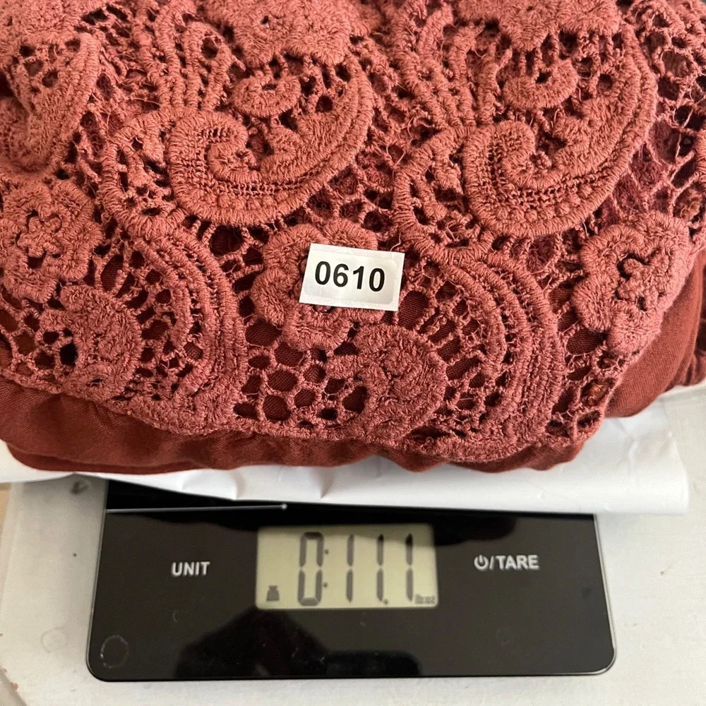 Free People Women Crochet Lace Top XS Rustic Balloon Sleeves Boho Cottage Tie